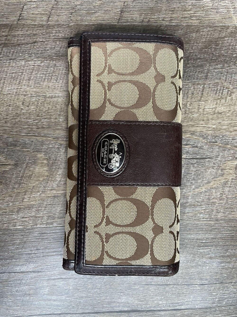 Coach Signature Logo Brown Beige Women’s Flap Wallet w/ Credit Card Slots